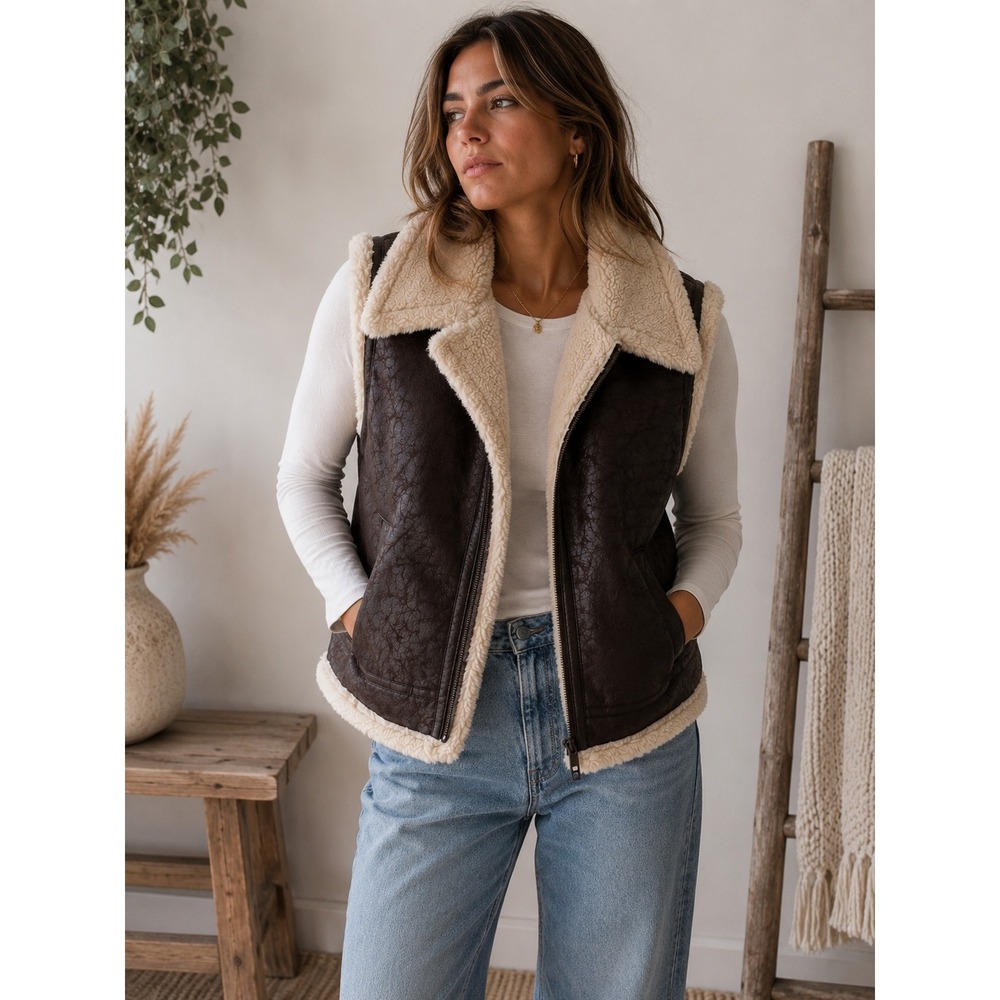 OFFLINE by Aerie Brown Faux Shearling Aviator Vest Large Distressed Sherpa Zip
